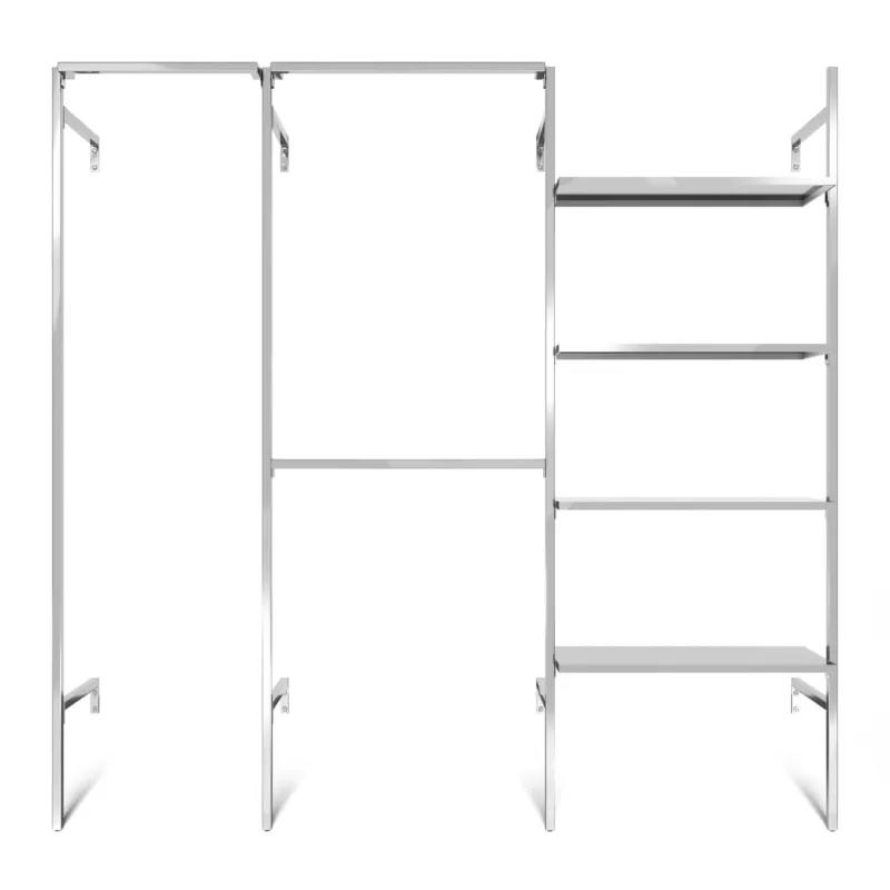 Frame Chrome Walk-In Garderobensystem in 3 Reihen - (1 rail / 2 rails / 4 Regale) komplette Garderobenlösung in Chrom