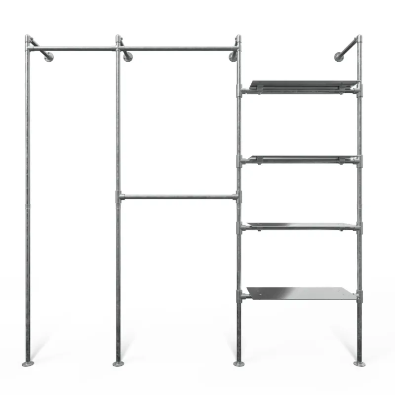 Original Steele Garderobensystem mit 3 Sektionen - (1 Kleiderstange / 2 Kleiderstangen / 4 Regalböden) Garderobenlösung