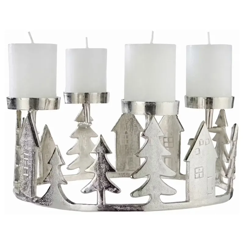 ADVENT Kranz für 4 Stumpenkerzen Häuser - Aluminium - Silber