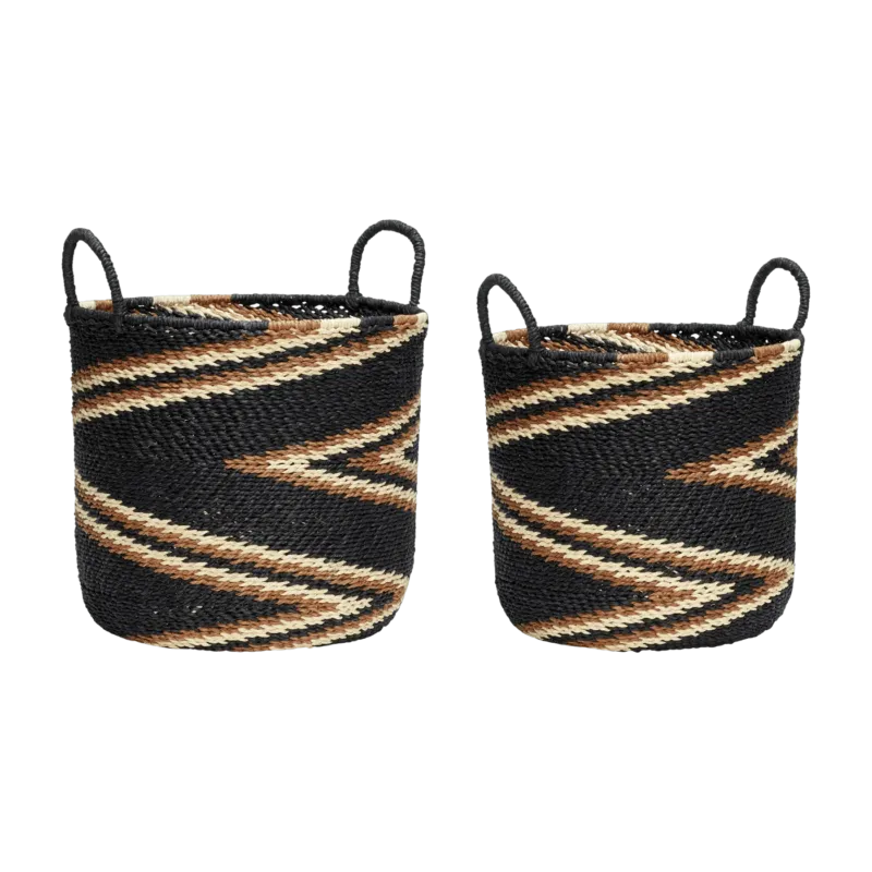 2 paniers avec anse aux motifs ethniques noirs, marrons et naturels - Hübsch - The Cool Republic