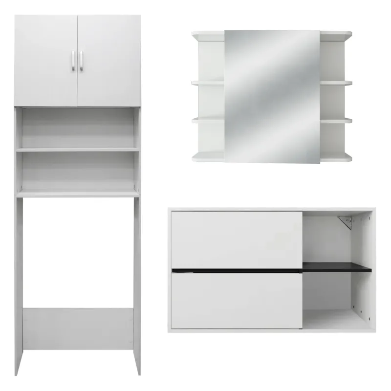 Weißer Schrank mit zwei Türen und Regalen, Spiegel in der Mitte.