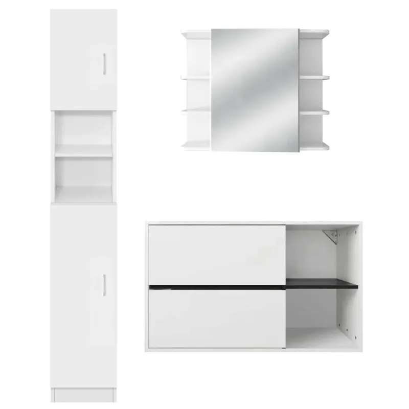 Weiße Möbel mit Schrank, Spiegel und zwei Schubladen.