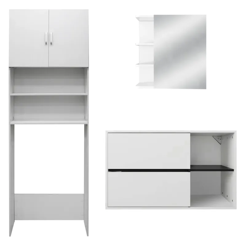 Weiße Möbel mit Schrank, Regalen und einem Waschbecken.