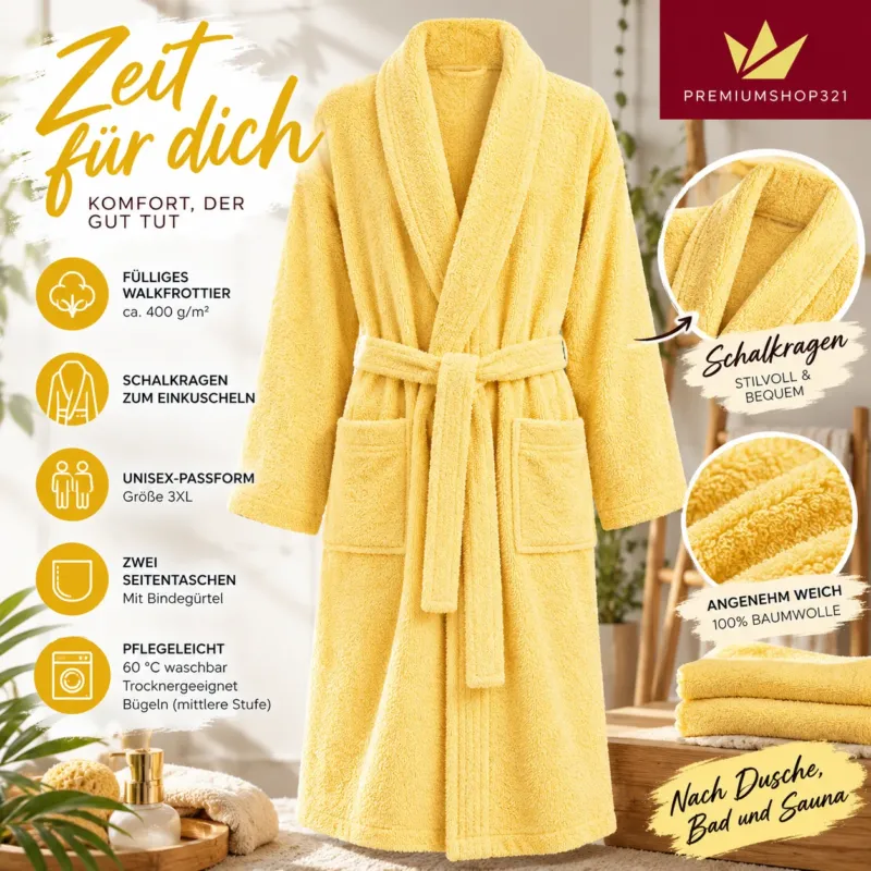 Bademantel Frottee mit Schalkragen gelb Gr. 3XL Saunamantel