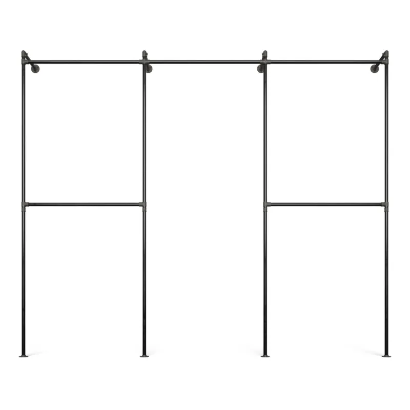 Original Walk-In 3 Reihen Kleiderstangensystem mit drei Reihen und minimalistischer schwarzer Metallstruktur für begehbare Kleiderschränke