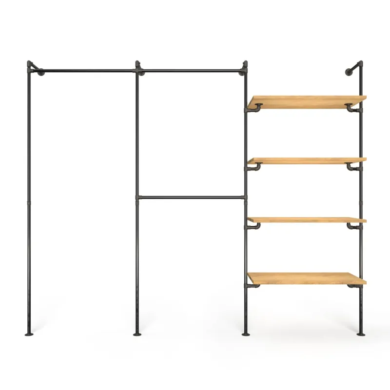 Original Walk-In 3 Reihen Kleiderstangensystem - (1 Stange / 2 Stangen / 4 Regale) aus schwarzem Metall mit Holzablagen für begehbaren Kleiderschrank