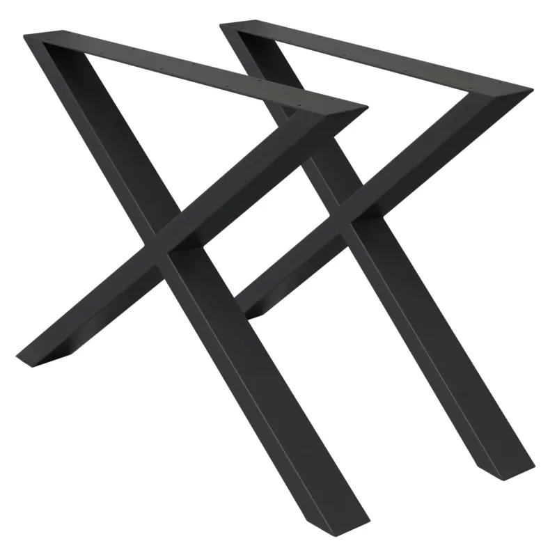 Zwei schwarze Tischbeine in X-Form auf hellem Hintergrund.