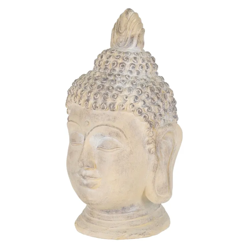 Buddha-Kopf aus Stein, auf weißem Hintergrund, mit detaillierter Struktur.