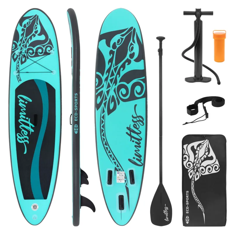 Stand Up Paddle Board in Türkis mit Design, Paddel, Pumpe und Tragetasche.