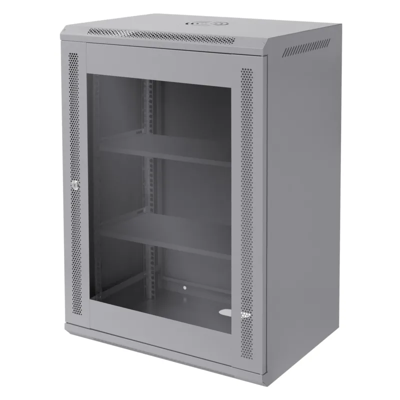 Grauer Serverschrank mit Glastür und zwei Regalen, seitliche Ansicht.