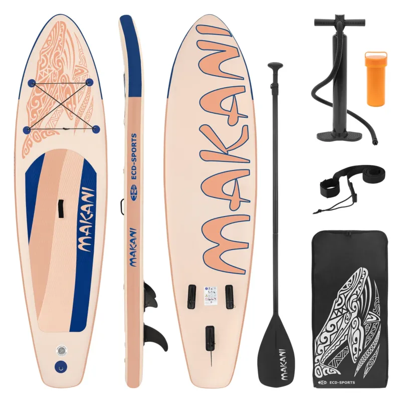 Stand-Up-Paddle-Board in hellen Farben mit Zubehör wie Paddel und Pumpe.