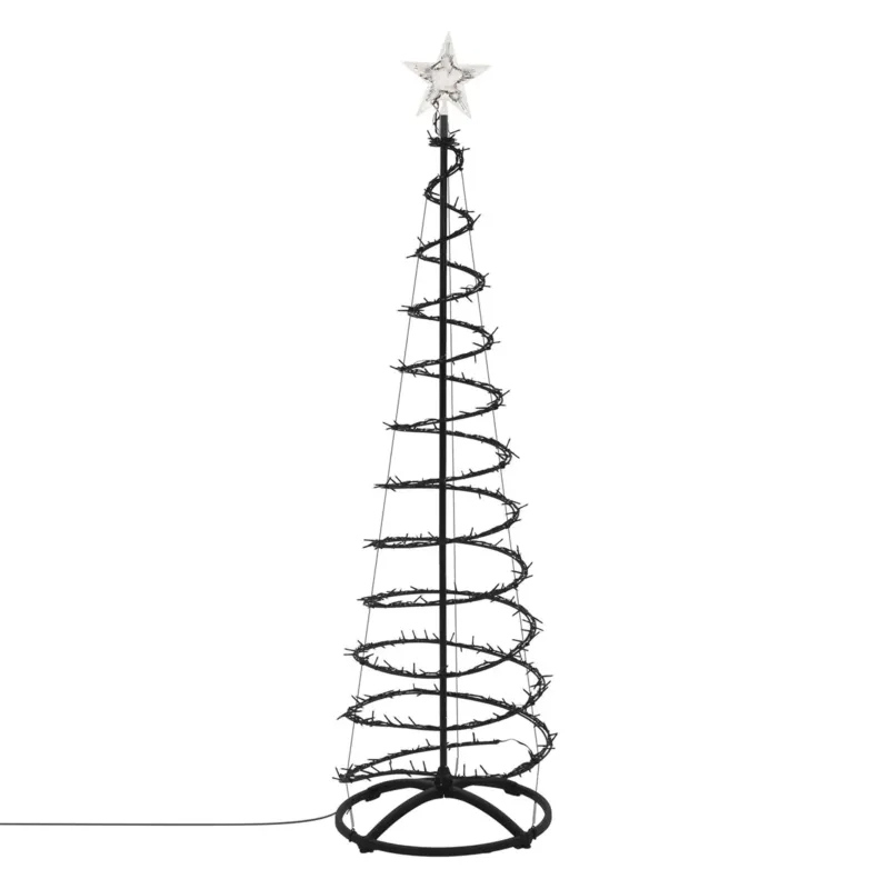 Ein schwarzer, spiralförmiger Weihnachtsbaum mit Lichtern und einem Stern an der Spitze.