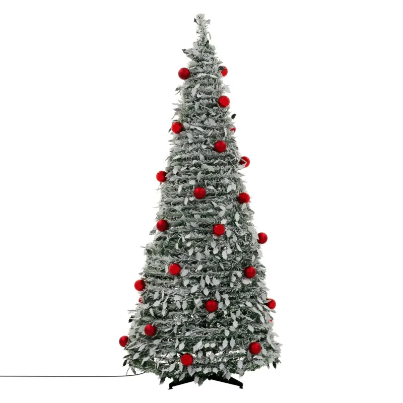 Künstlicher Weihnachtsbaum mit roten Kugeln, von vorne sichtbar.