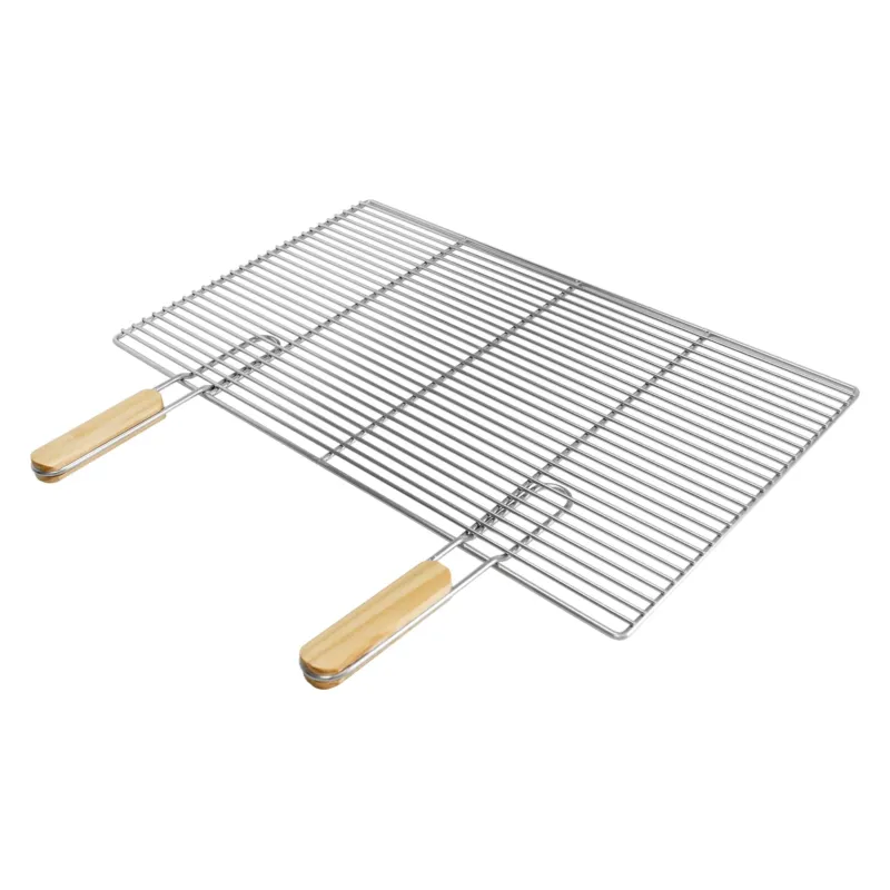Ein rechteckiges, metallisches Backblech mit zwei Holzgriffen.