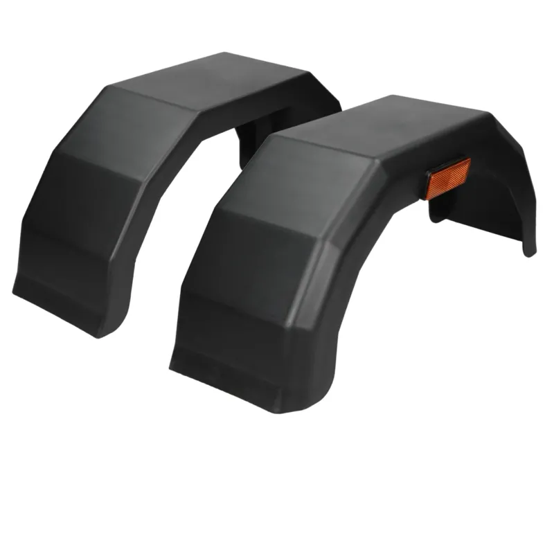 Zwei schwarze Radkästen aus Kunststoff, rechteckige Form.