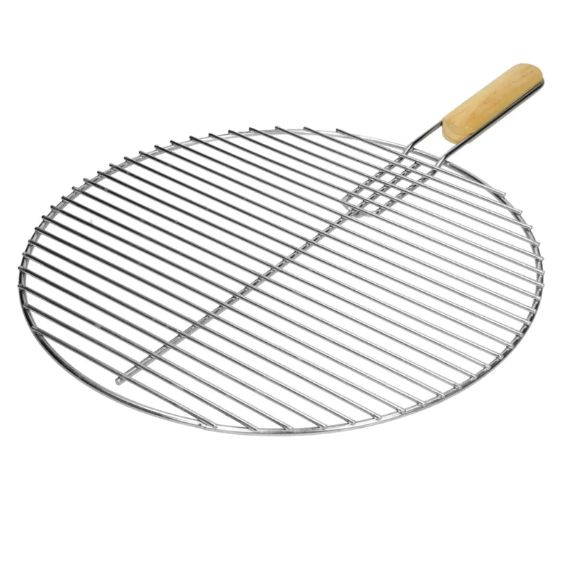 Runde Grillrost aus Edelstahl mit Holzgriff.