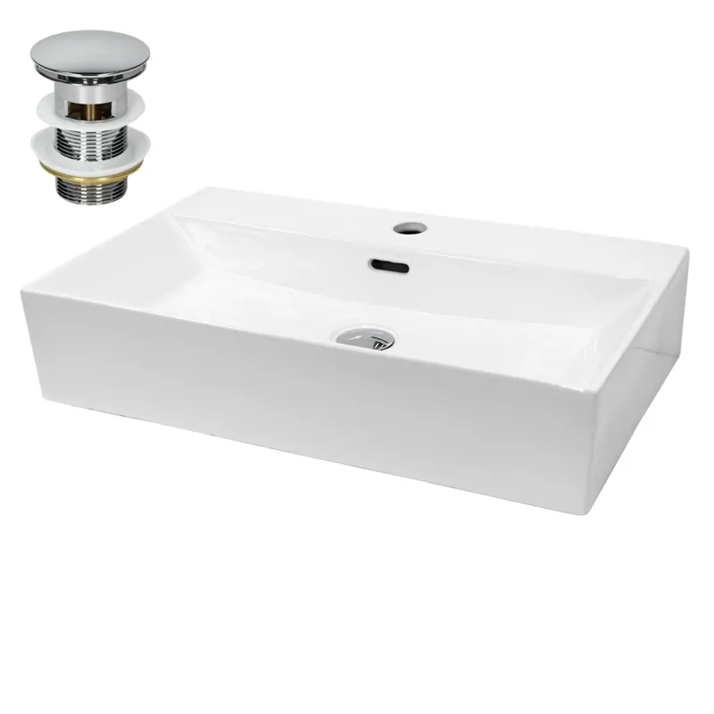 Weißes Waschbecken mit rechteckiger Form und einem Wasserhahnloch.