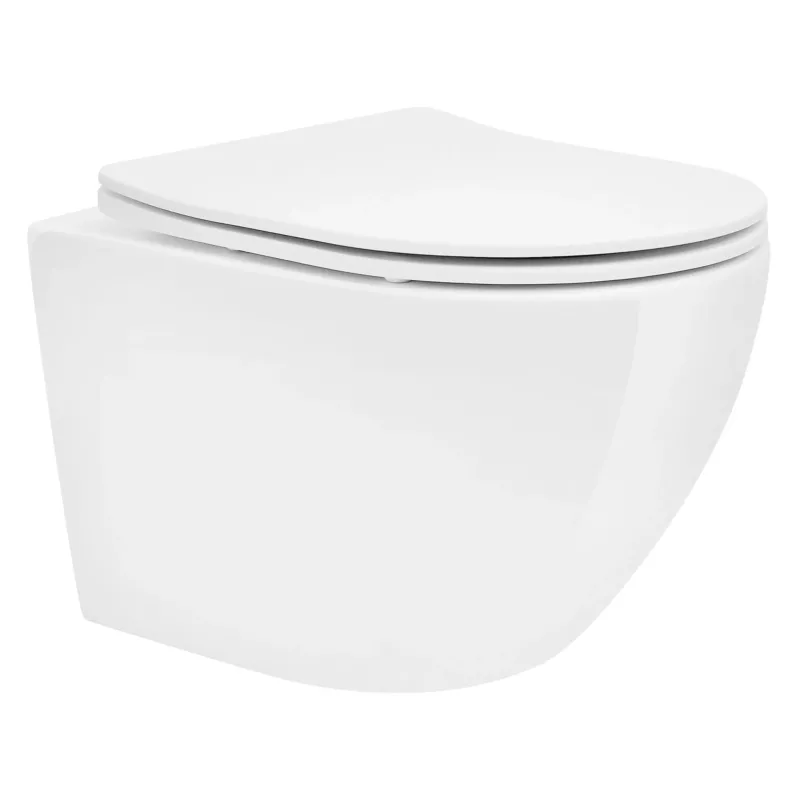 Weiße Wandtoilette mit geschlossenem Deckel, auf hellem Hintergrund.