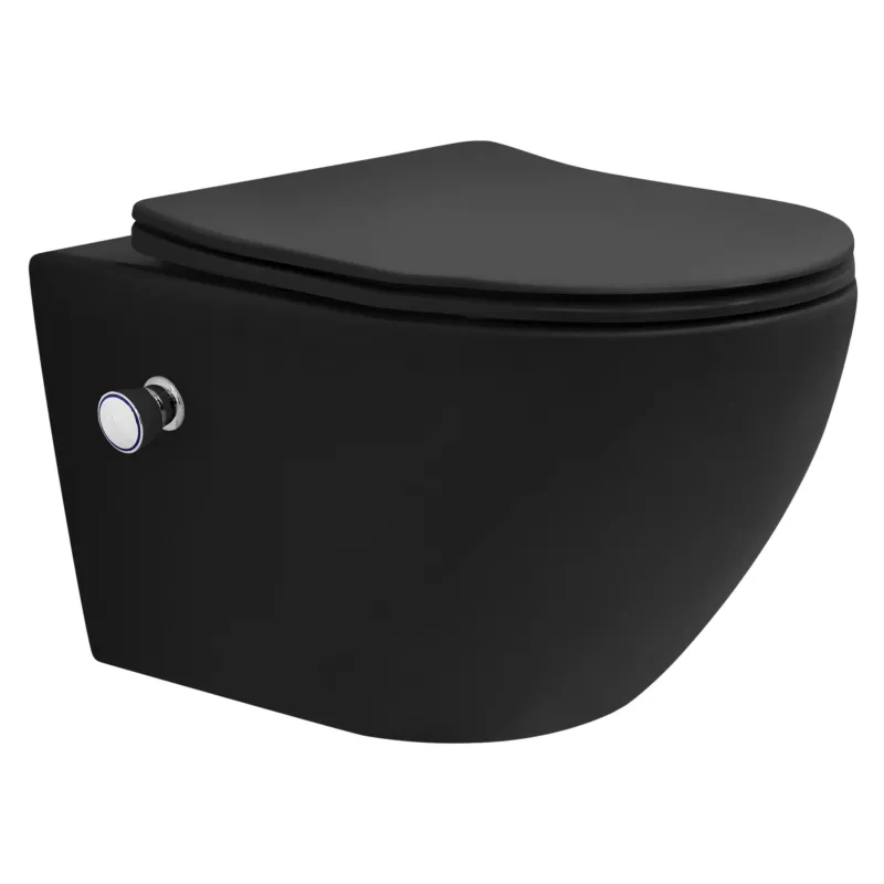 Schwarze Wandtoilette von der Seite, mit Spülknopf.