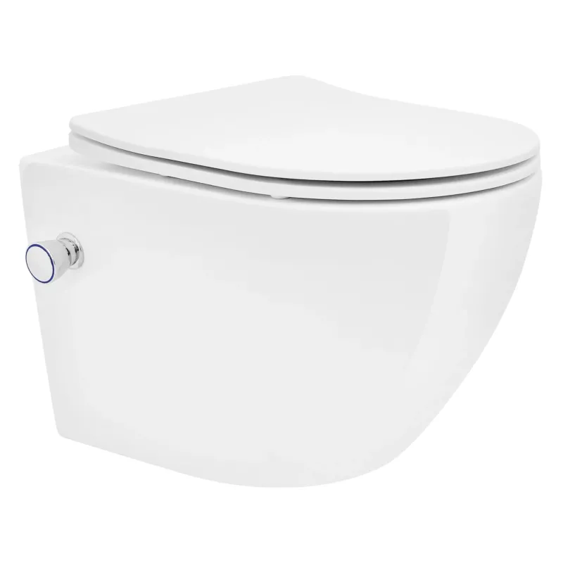 Weißes Wand-WC mit runder Form und seitlichem Spülknopf.