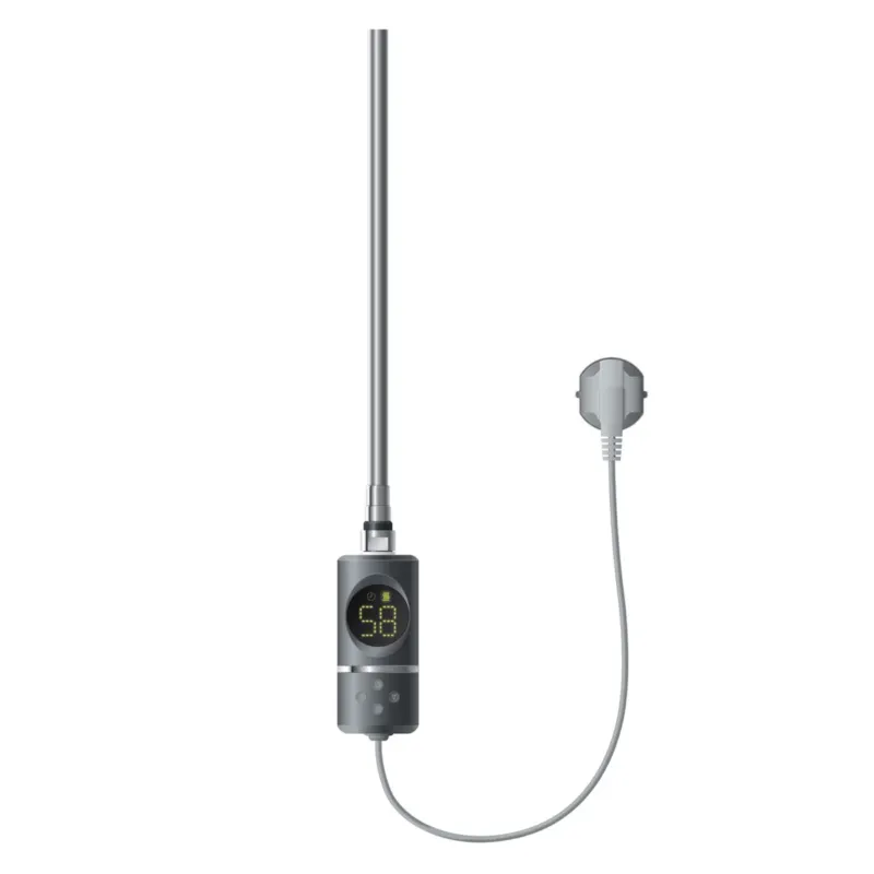 Heizstab mit digitalem Display und Stecker auf weißem Hintergrund.