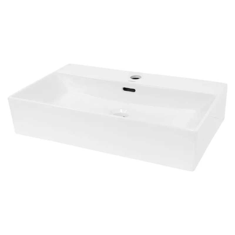 Weißes Waschbecken mit rechteckiger Form und mittigem Abfluss.
