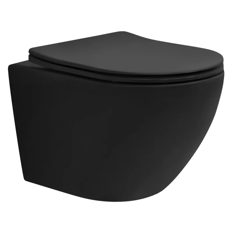 Schwarze Wandtoilette mit abgerundeten Kanten.