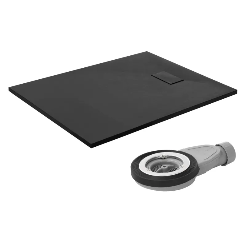 Schwarze Duschwanne mit Ablauf und Abdeckung.