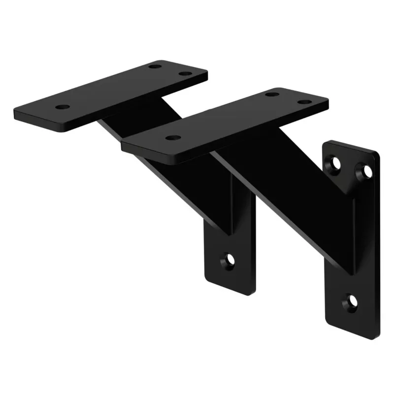 Zwei schwarze Regalhalterungen aus Aluminium.