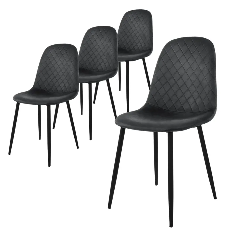 Vier schwarze Stühle mit diamantförmiger Polsterung in einer Reihe.