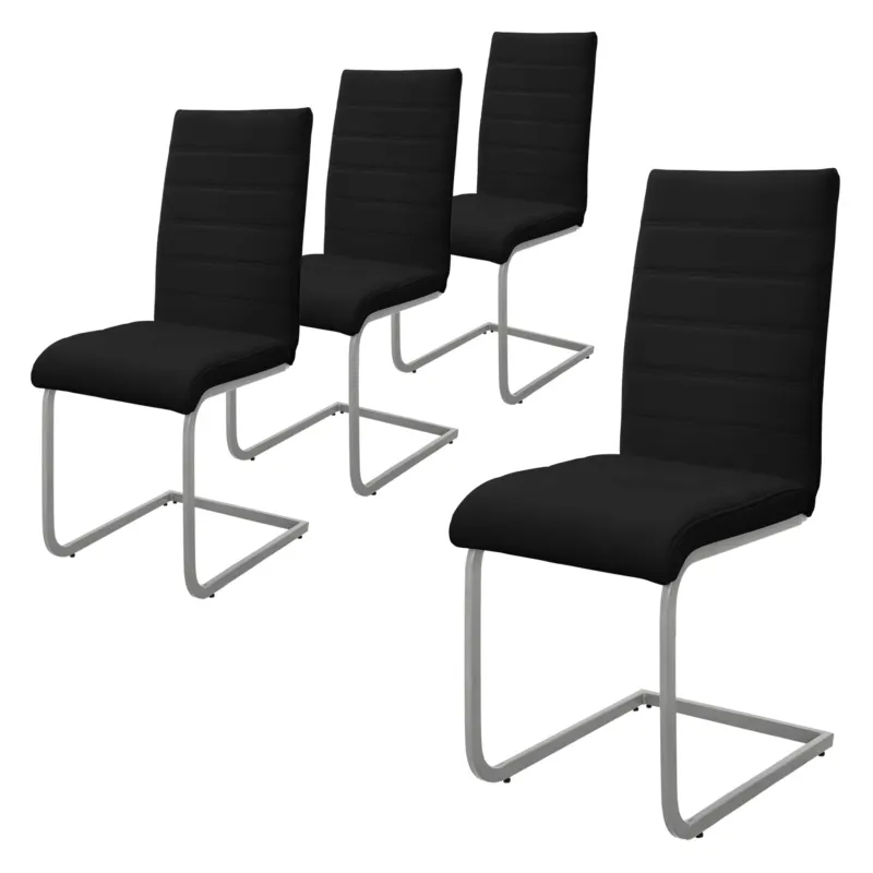 Vier schwarze Stühle mit Metallgestell in einer Reihe.