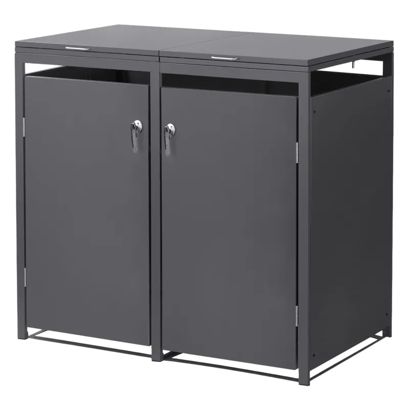 Mülltonnenbox mit zwei geschlossenen Türen und ohne Deckel.