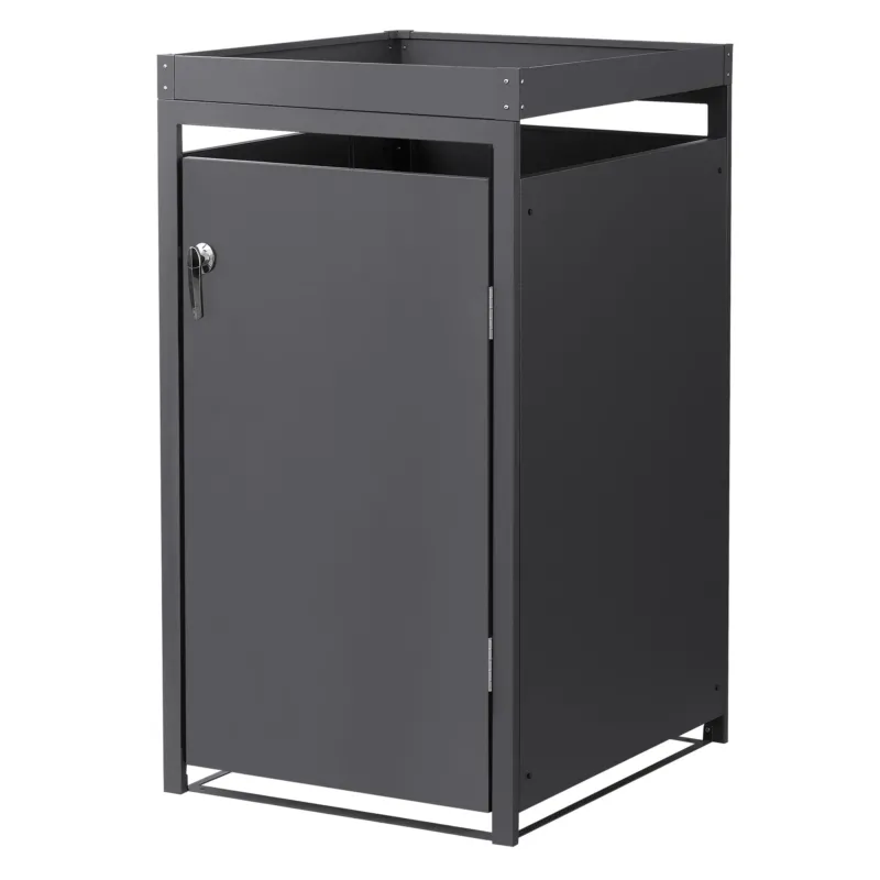Ein grauer Schrank mit einer Tür und einem offenen oberen Bereich.