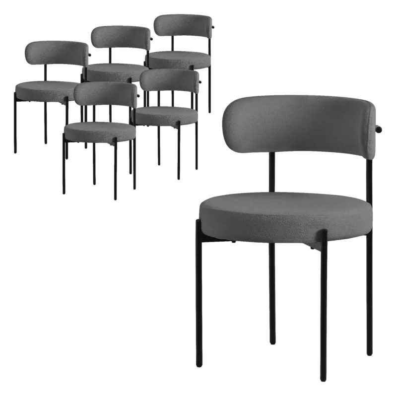 Gruppe von sieben grauen Stühlen mit minimalistischer Form.
