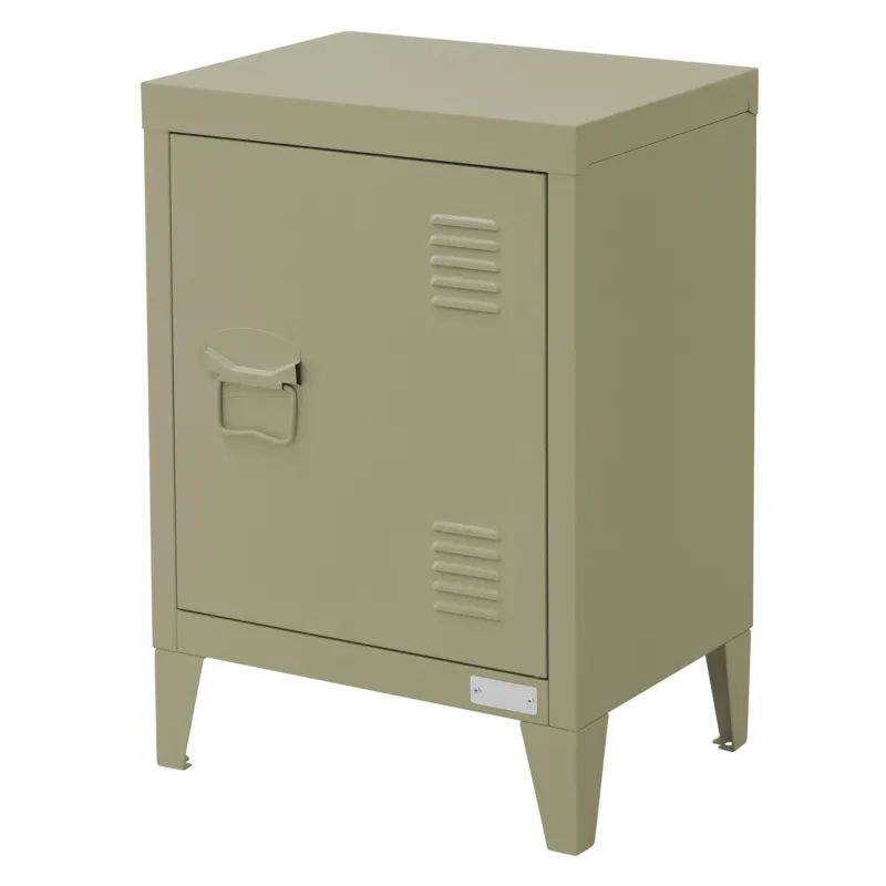 Metallischer Schrank in beige mit geschlossener Tür auf weißem Hintergrund.