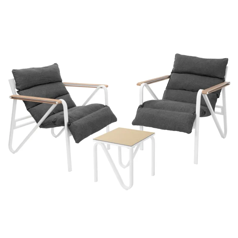 Zwei Stühle mit Tisch in einem modernen Design, graue Polsterung.