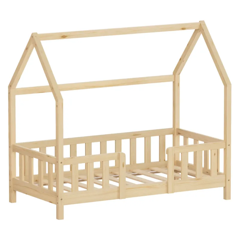 Holzrahmenbett in Hausform, ohne Matratze, aus massivem Kiefernholz.