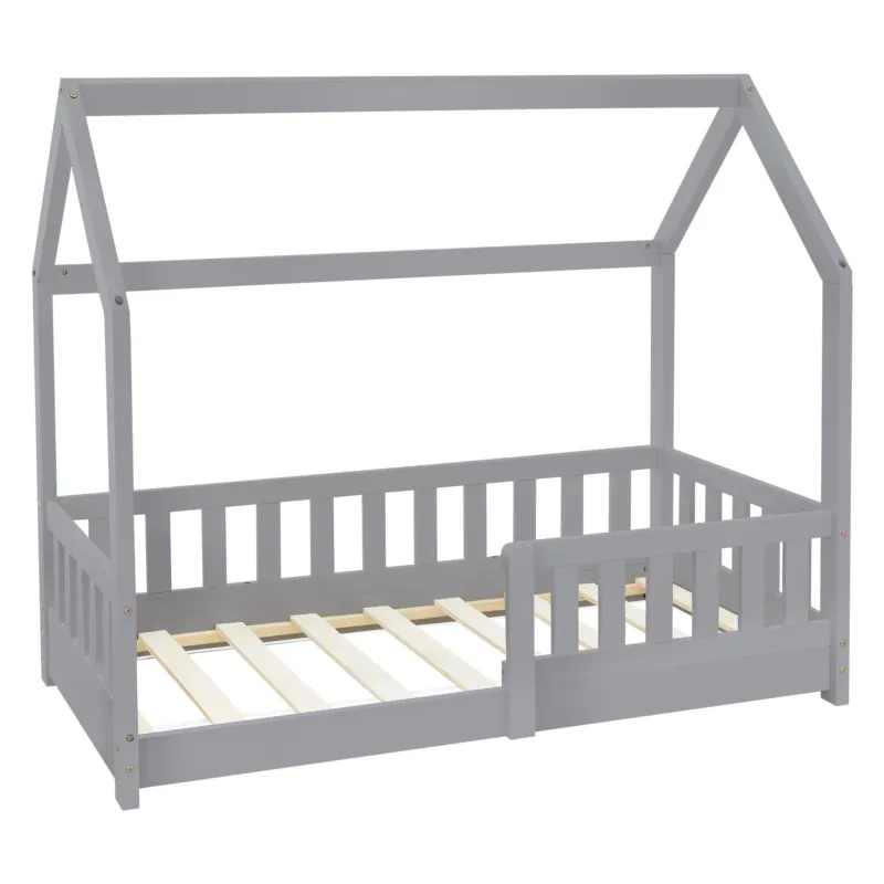 Graues Holz-Kinderbett mit Dachkonstruktion und Lattenrost.