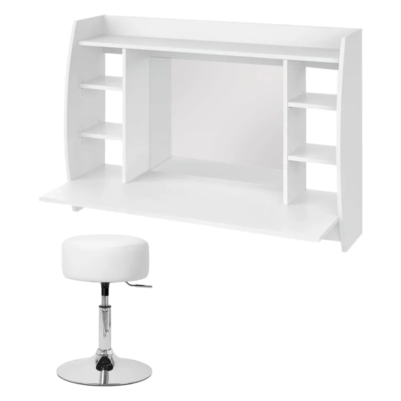 Weißer Wandtisch mit Spiegel und einem höhenverstellbaren Hocker.
