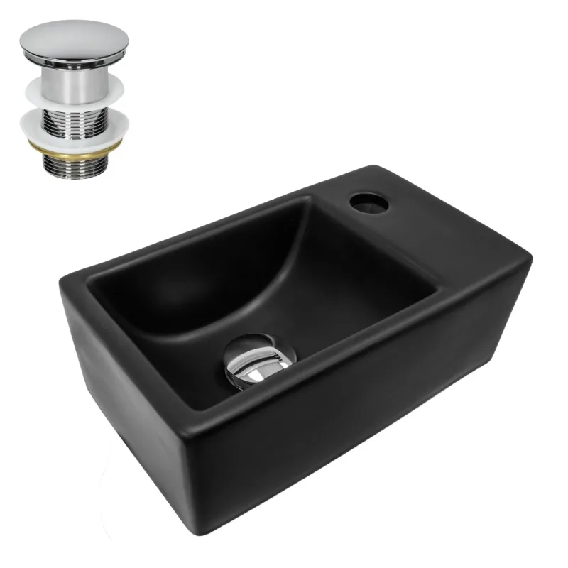 Schwarzes Waschbecken mit Abflussloch und Überlauf.