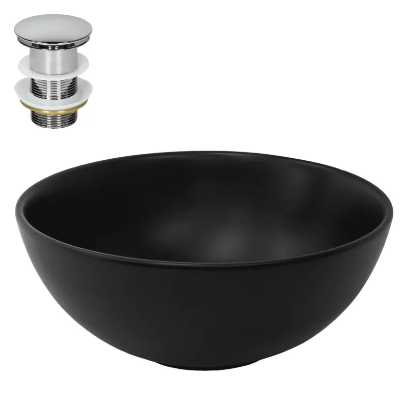 Schwarze Schüssel mit einem Abfluss-Set oben links.