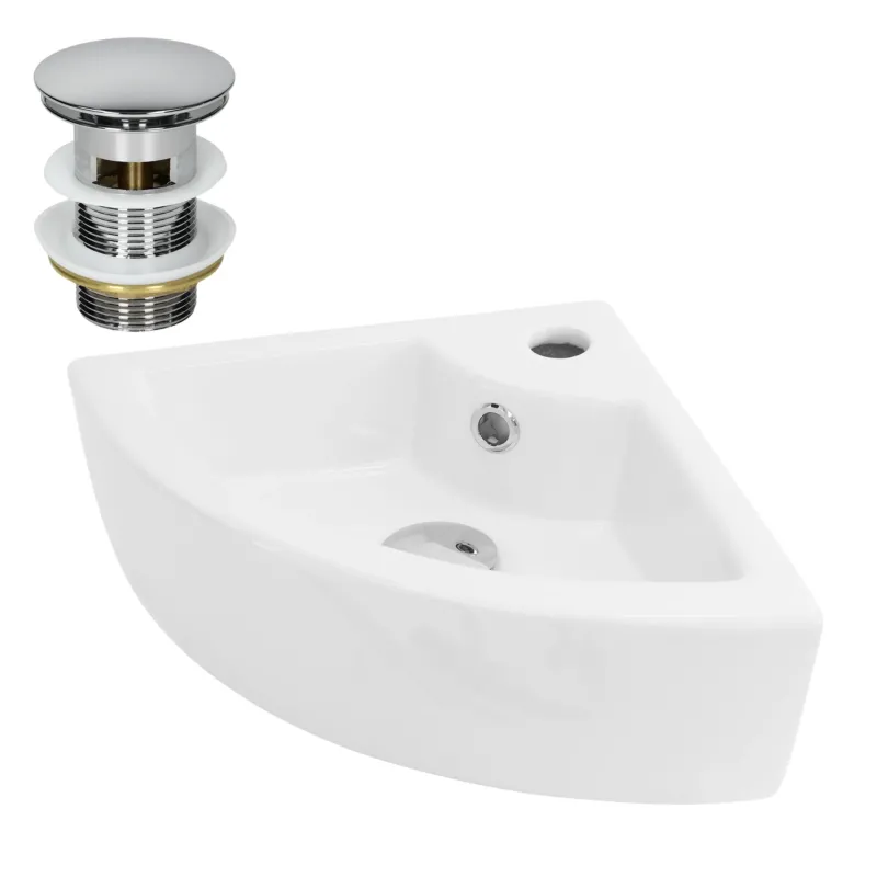 Weißes, eckiges Waschbecken mit Abflussstopfen, seitliche Ansicht.