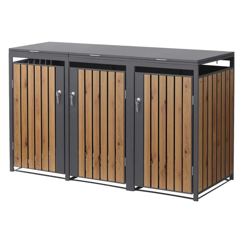 Drei Mülltonnenboxen aus Metall und Holz mit Schlössern.