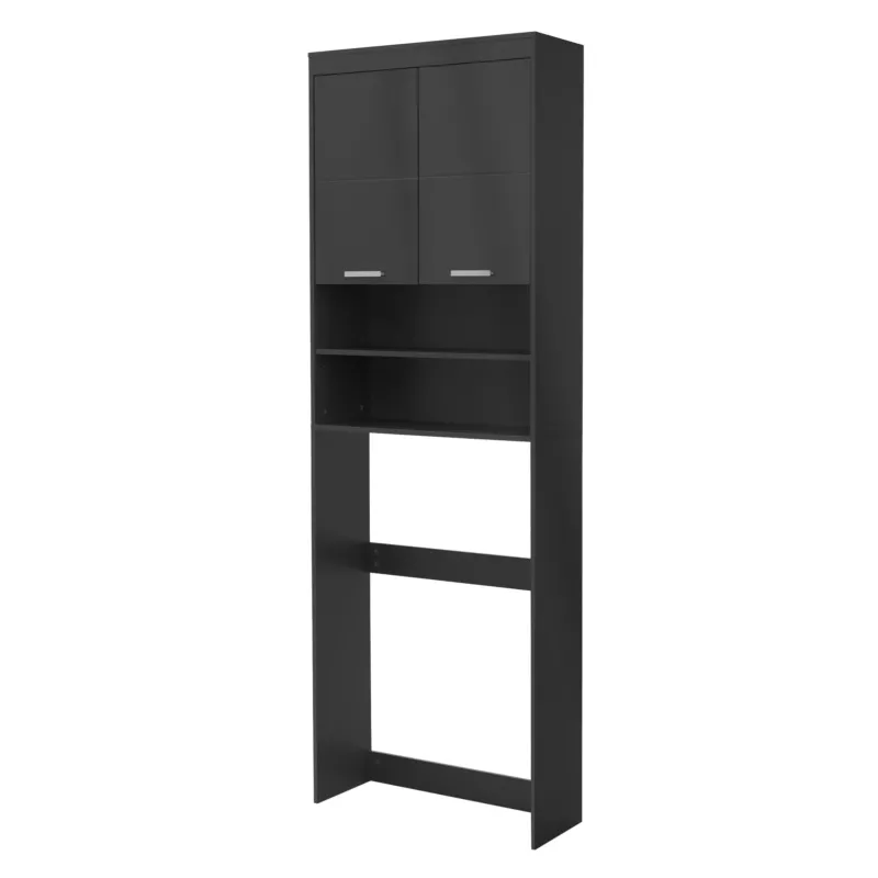 Schwarzer Hochschrank mit zwei Türen und einem offenen Regal darunter.