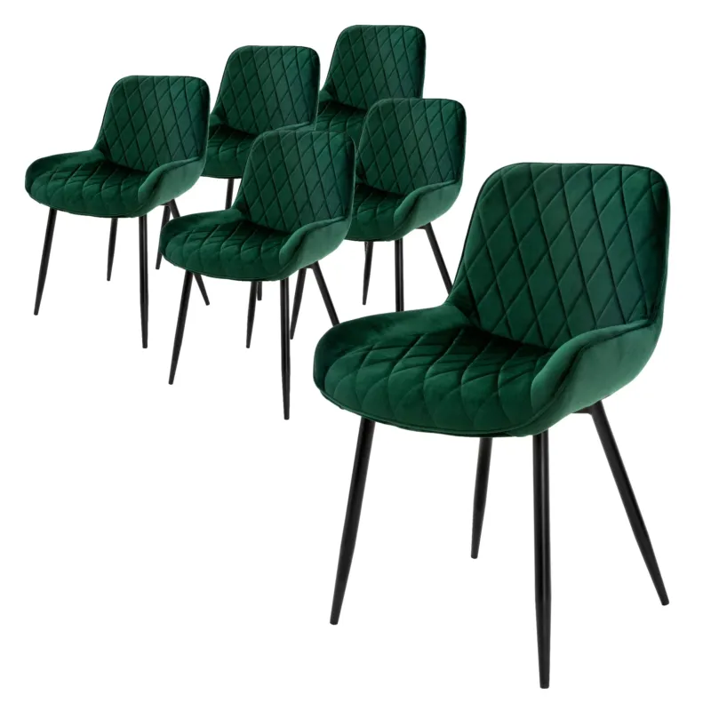 Sechs grüne Stühle mit diamantförmiger Polsterung auf schwarzen Beinen.