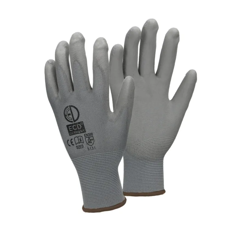 Grauer Mechanikerhandschuh mit elastischem Bund.