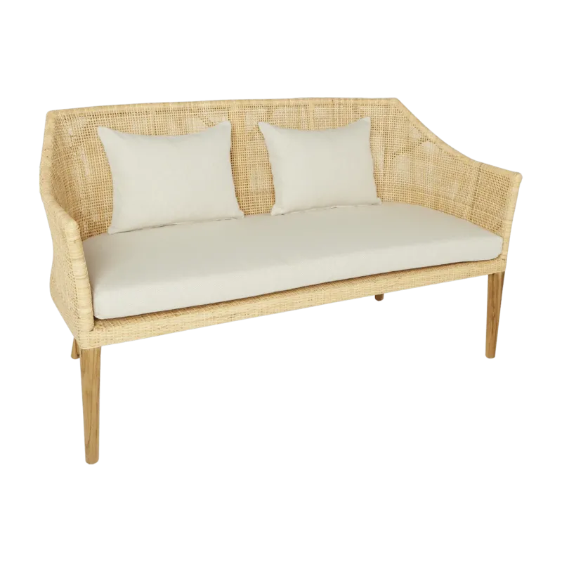 Canapé 2 places en rotin naturel piétement teck coussin lin Saïgon - KOK - The Cool Republic
