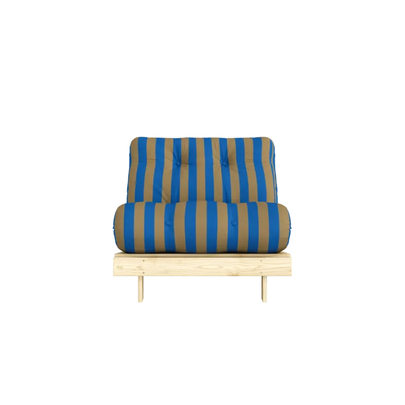 Canapé-lit en pin massif avec matelas rayé bleu et marron 90x200cm Raw roots - Karup Design - The Cool Republic