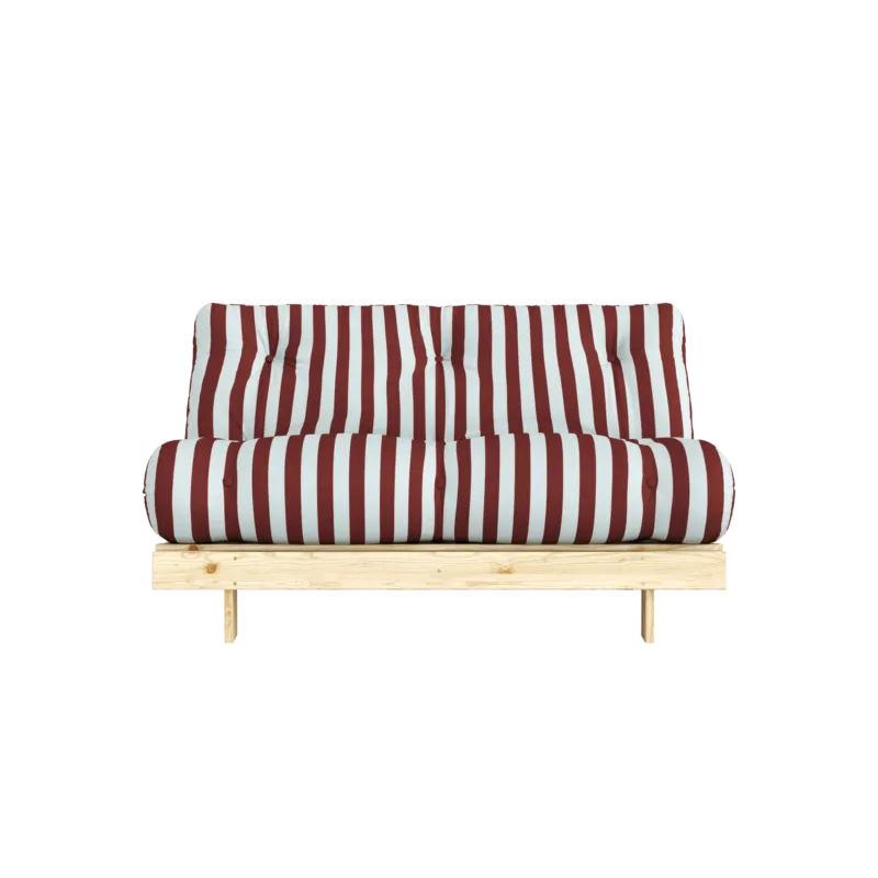 Canapé-lit en pin massif avec matelas rayé bordeaux et bleu clair 140x200cm Raw roots - Karup Design - The Cool Republic