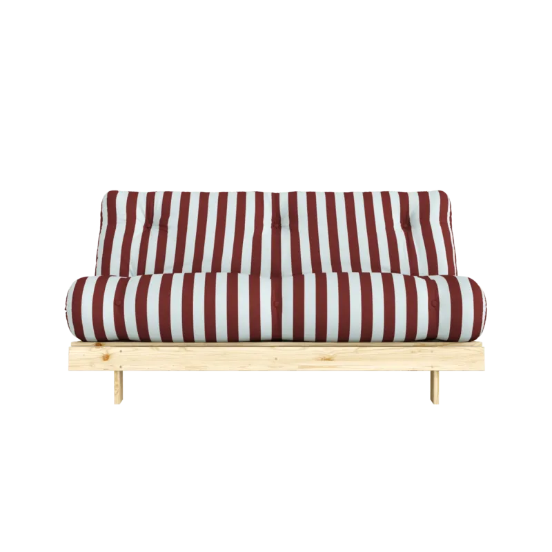 Canapé-lit en pin massif avec matelas rayé bordeaux et bleu clair 160x200cm Raw roots - Karup Design - The Cool Republic